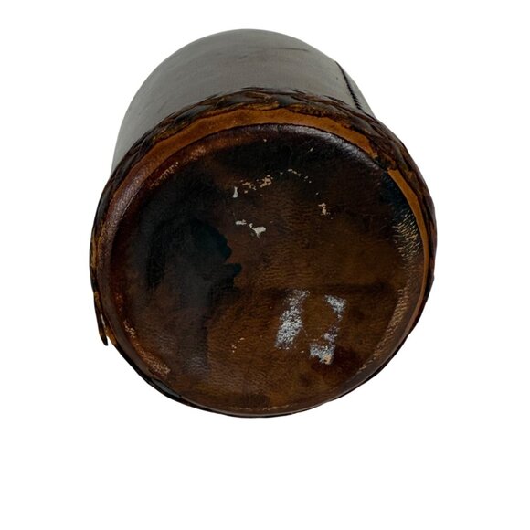 Decorative Leather Wrapped Bottle Decanter Brown Ornate Crest Vintage Home Decor - Picture 4 of 16